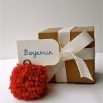 Red yarn pom pom place holders. Wed..